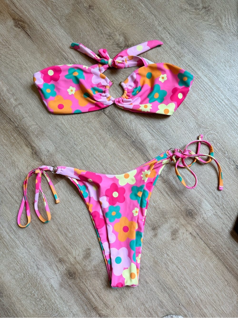 Floral Tie-Side Bikini Set in Bright Pink